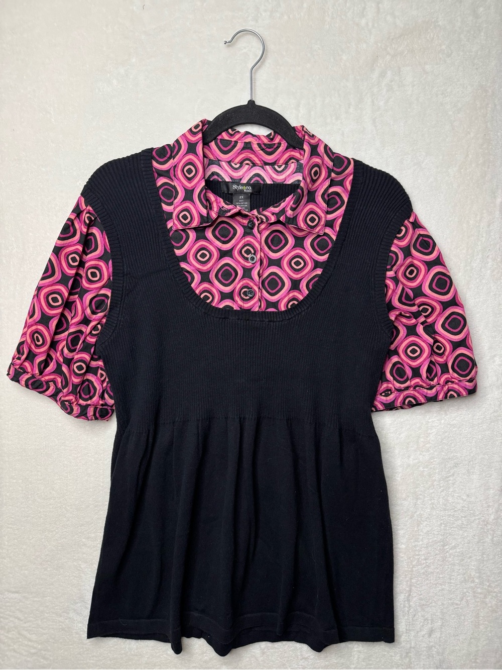 Style & Co. Black Babydoll Knit Shell with Pink Geometric Print Shirt Retro 2X